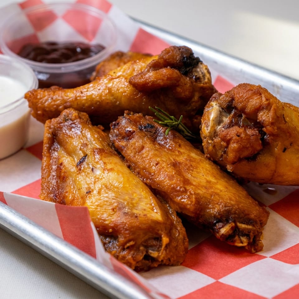 Crispy golden chicken wings served on a metal tray with ranch and barbecue dipping sauces.