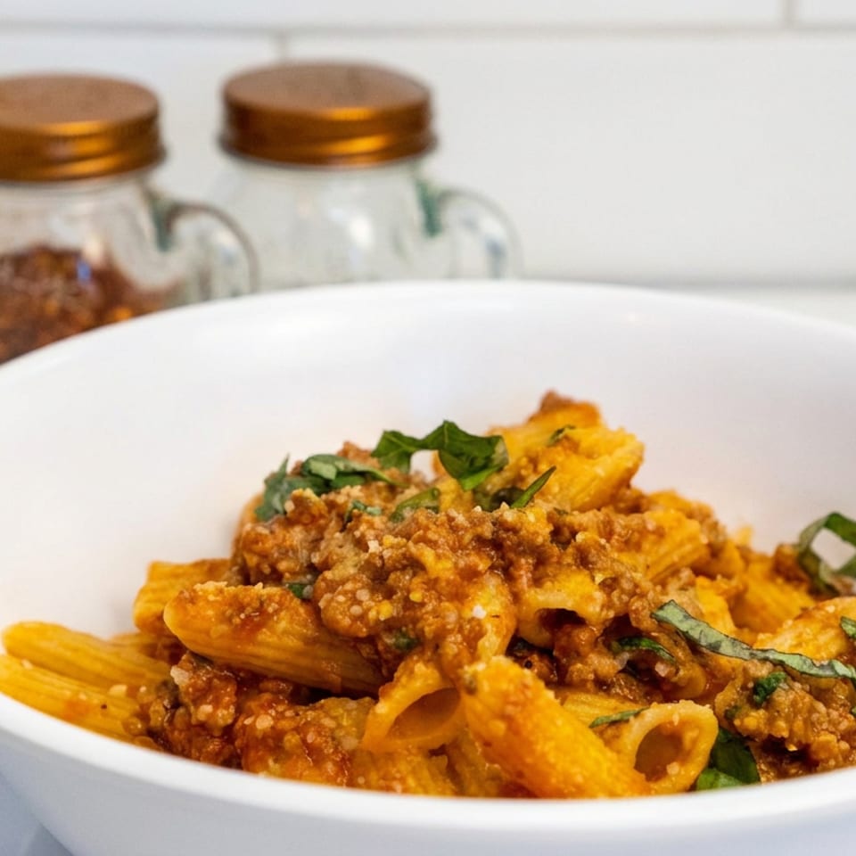Bowl of ridged pasta topped with chunky tomato meat sauce, grated cheese, and fresh basil, with spice jars in the background.