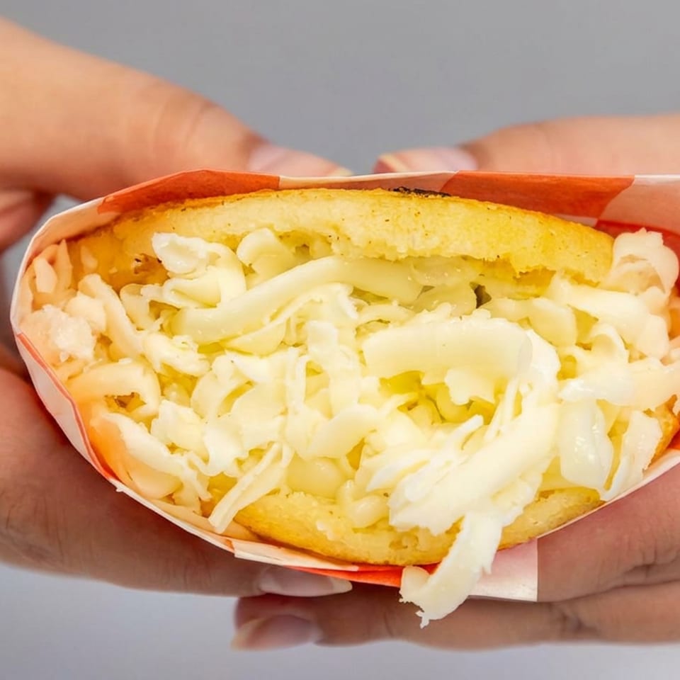 Hands hold a toasted sandwich overflowing with melted shredded cheese in a red-and-white paper wrapper.