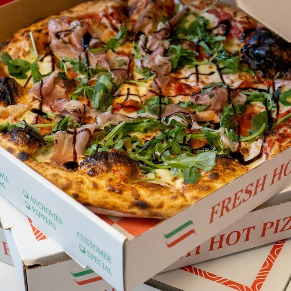 Fresh hot pizza topped with prosciutto, mushrooms, arugula, cheese, tomato sauce, and balsamic glaze in a branded pizza box.