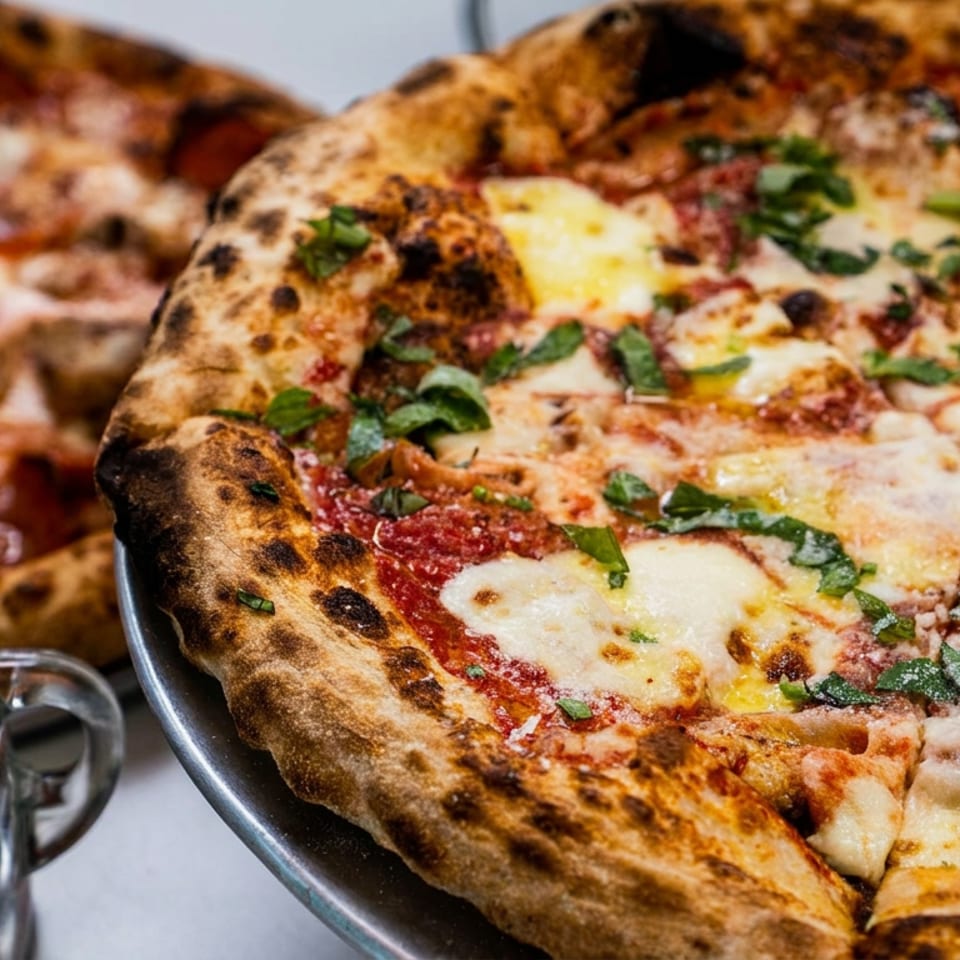 Close-up of wood-fired pizzas topped with melted cheese, tomato sauce, herbs, and charred crusts beside a jar of chili flakes.
