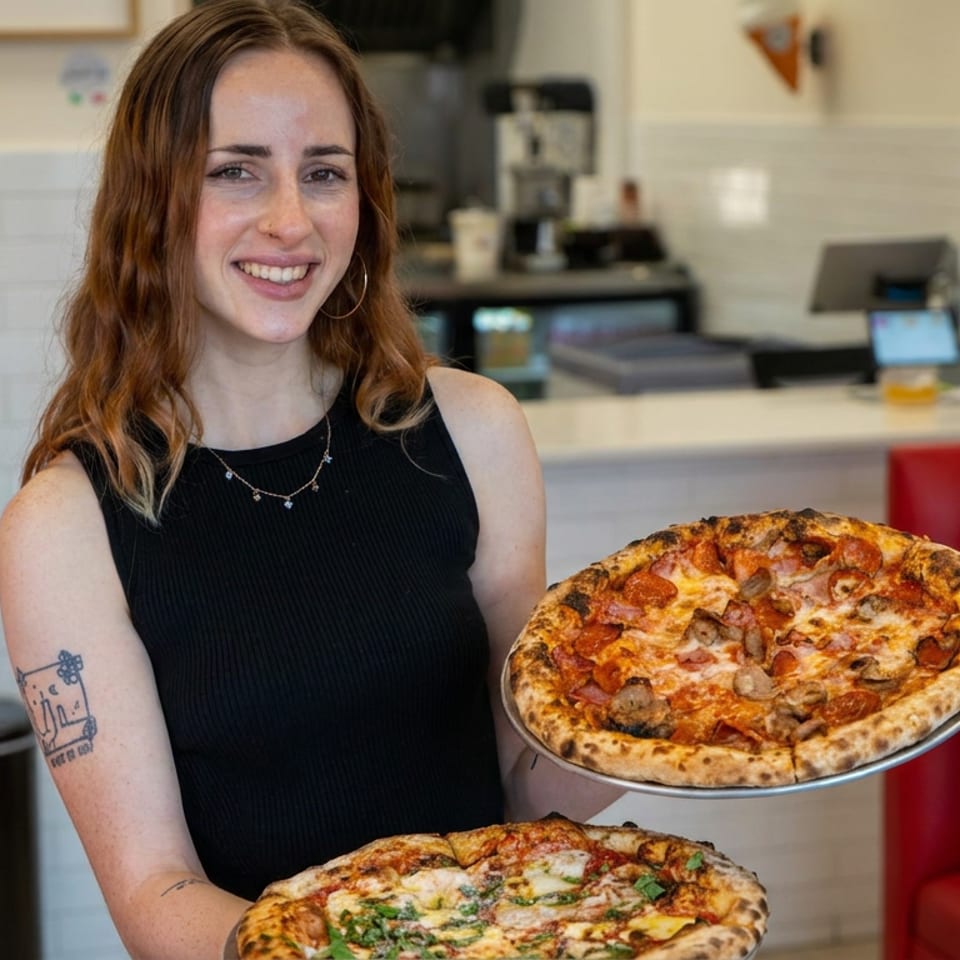 Smiling woman holds two freshly baked pizzas inside a casual pizzeria, with a seated diner in the background.